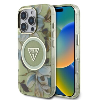 Žalias dėklas Guess IML Glitter Magnolia ir trikampio logotipas MagSafe telefonui Apple iPhone 16 Pro