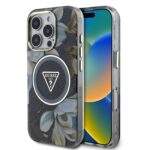 juodas deklas guess iml glitter magnolia ir trikampio logotipas magSafe telefonui apple iphone 16 pro max su gelyciu motyvu