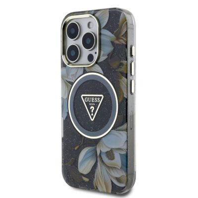 Juodas dėklas Guess IML Glitter Magnolia ir trikampio logotipas MagSafe iPhone 16 Pro Max telefonui