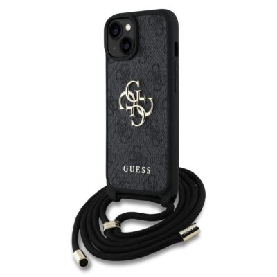 Juodas originalus dėklas Guess PU 4G Metal Logo Crossbody Strap telefonui Apple iPhone 15