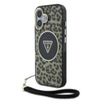 Rudas dėklas Guess IML Leopard Triangle Logo Strap MagSafe telefonui Apple iPhone 16 su leopardo rašto dizainu ir juodu dirželiu
