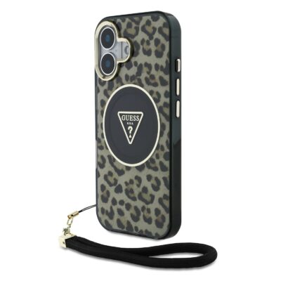 Rudas dėklas Guess IML Leopard Triangle Logo Strap MagSafe telefonui Apple iPhone 16 su leopardo rašto dizainu ir juodu dirželiu