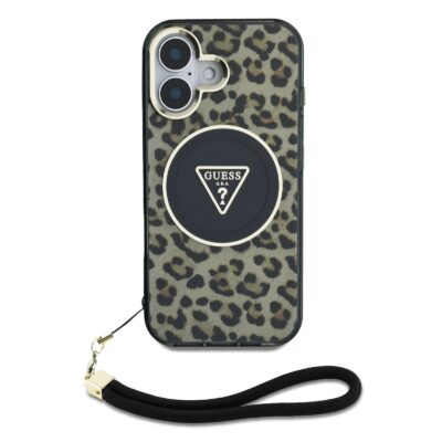 Rudas dėklas Guess IML Leopard Triangle Logo su juodu dirželiu Apple iPhone 16 telefonui