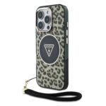 Rudas dėklas Guess IML Leopard Triangle Logo Strap MagSafe telefonui Apple iPhone 16 Pro su leopardo rašto dizainu ir juodu dirželiu
