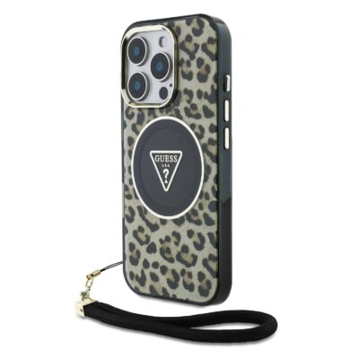 Rudas dėklas Guess IML Leopard Triangle Logo Strap MagSafe Apple iPhone 16 Pro Max su leopardiniu raštu ir juodu dirželiu