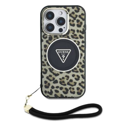 Rudas dėklas Guess IML Leopard Triangle Logo Strap MagSafe telefonui Apple iPhone 16 Pro Max su gyvūnų rašto dizainu ir logotipu