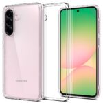 Skaidrus deklas Samsung Galaxy A56 5G Spigen Ultra Hybrid su tikru telefonu is priekio ir is galo