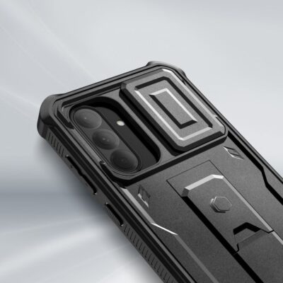 Juodas dėklas Samsung Galaxy A36 5G Tech-Protect Kevlar Cam+ su apsauginiu nuožulnios formos kraštais ir kameros uždengimu