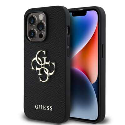 Juodas originalus dėklas Guess PU Grained 4G Metal Logo telefonui Apple iPhone 13 Pro su tekstūruota oda ir auksiniu logotipu