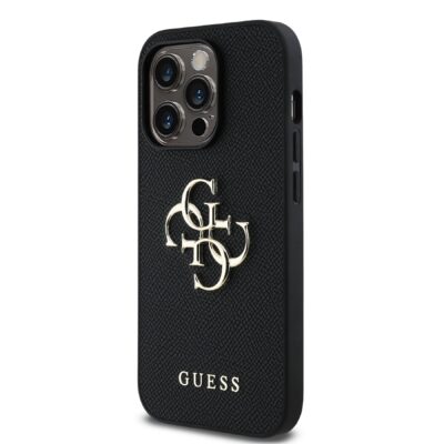 Juodas originalus dėklas Guess PU Grained su 4G metaliniu logotipu Apple iPhone 13 Pro telefonui