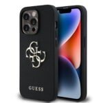 Juodas originalus dėklas Guess PU Grained 4G Metal Logo telefonui Apple iPhone 14 Pro su reljefine tekstūra ir metaliniu logotipu