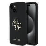 Juodas originalus dėklas Guess PU Grained 4G Metal Logo telefonui Apple iPhone 15 su tekstūruota juoda danga ir metaliniu logotipu