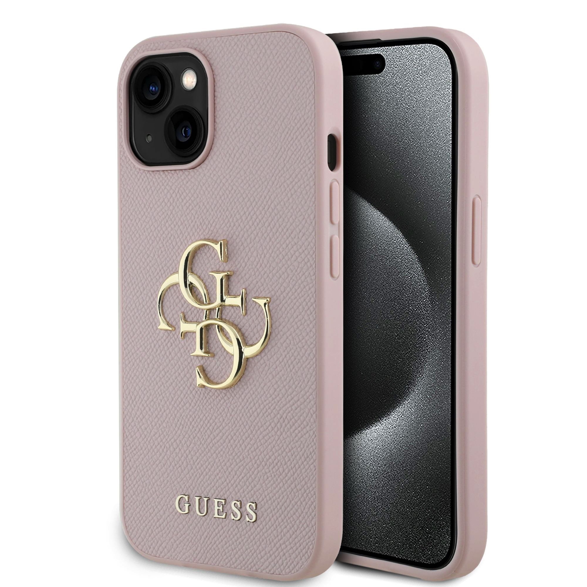 Rausvas originalus deklas Guess PU Grained 4G Metal Logo Rausvas originalus deklas Guess PU Grained 4G Metal Logo telefonui Apple iPhone 15
