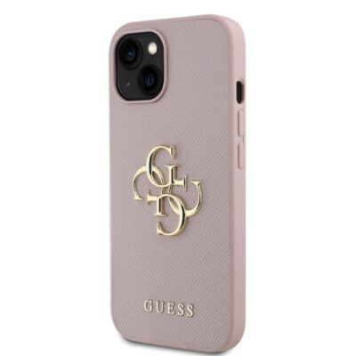 Rausvas originalus dėklas Guess PU Grained 4G Metal Logo telefonui Apple iPhone 15 su auksiniu metaliniu logotipu