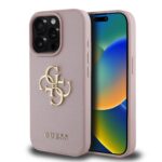 Rausvas originalus dezklas Guess PU Grained 4G Metal Logo telefonui Apple iPhone 15 Pro su auksiniu logo ir tekstura