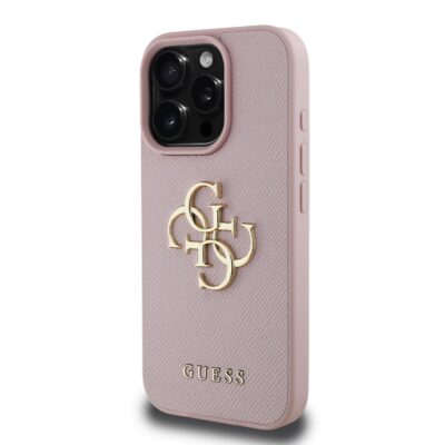 Rausvas originalus dėklas Guess PU Grained 4G Metal Logo telefonui Apple iPhone 15 Pro su matinio metalo logotipu