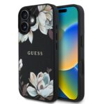 Juodas dėklas Apple Iphone 16 Guess PU grained Magnolia MagSafe su gėlių raštu