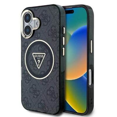 Juodas originalus dėklas Guess IML 4G Glitter and Triangle Logo MagSafe telefonui Apple Iphone 16 su išraiškingu logotipu ir matiniu paviršiumi