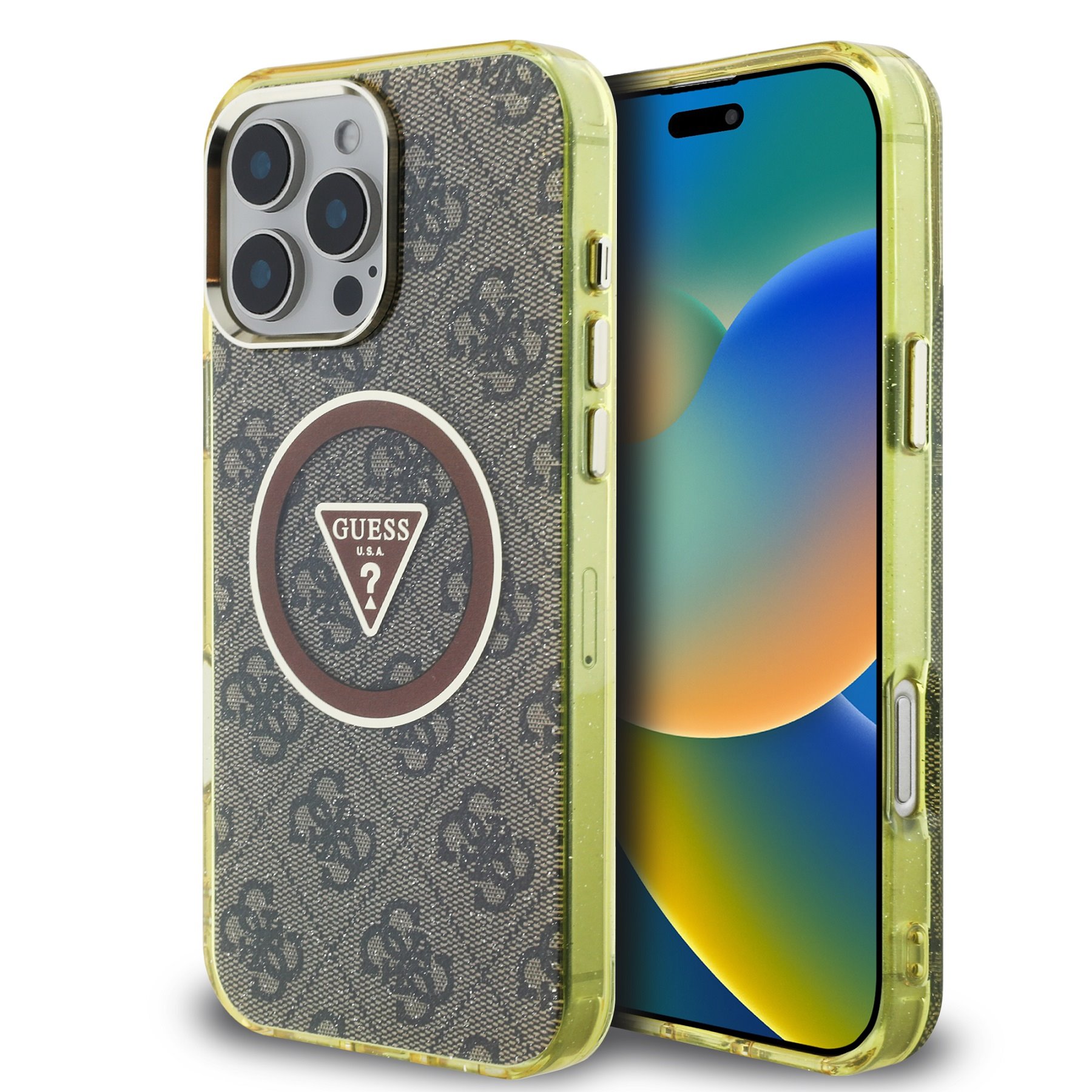 Rudas originalus dėklas Guess IML 4G Glitter ir Triangle Logo Rudas originalus dėklas Guess IML 4G Glitter and Triangle Logo MagSafe Apple Iphone 16 Pro Max telefonui
