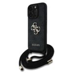 Juodas originalus dėklas Guess PU 4G Metal Logo Crossbody Strap telefonui Apple iPhone 15 Pro su metaliniu logotipu ir dirželiu