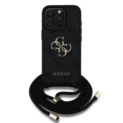 Juodas originalus dėklas Guess PU 4G Metal Logo Crossbody Strap telefonui Apple iPhone 15 Pro su metaliniu logotipu ir ilgu dirželiu