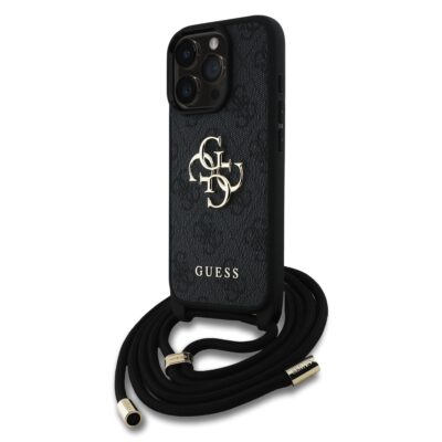 Juodas originalus dėklas Guess PU 4G Metal Logo Crossbody Strap telefonui Apple iPhone 15 Pro Max su metaliniu logotipu ir juoda grandine