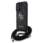 Juodas originalus dėklas Guess PU 4G Metal Logo Crossbody Strap telefonui Apple iPhone 16 su metaliniu logotipu ir ilgu juodu dirželiu