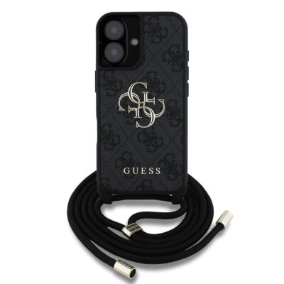 Juodas originalus dėklas Guess PU 4G Metal Logo Crossbody Strap telefonui Apple iPhone 16 su metaliniu logotipu ir ilgu dirželiu