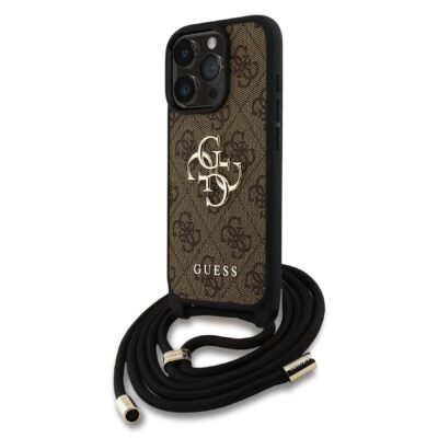 Rudas originalus dėklas Guess PU 4G Metal Logo Crossbody Strap telefonui Apple iPhone 15 Pro Max su juodu dirželiu