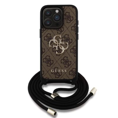 Rudas originalus dėklas Guess PU 4G Metal Logo Crossbody Strap telefonui Apple iPhone 15 Pro Max su logotipu ir juodu dirželiu