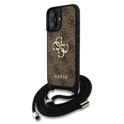 Rudas originalus dėklas Guess PU 4G Metal Logo Crossbody Strap telefonui Apple iPhone 16 su juodu dirželiu
