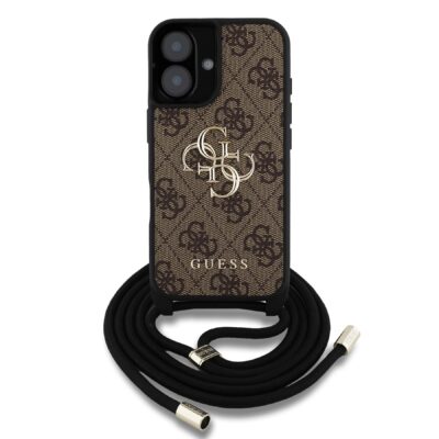Rudas originalus dėklas Guess PU telefonui Apple iPhone 16 su metaliniu logotipu ir juoda virvele