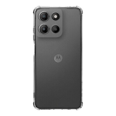 Skaidrus dėklas Tactical TPU Plyo telefonui Motorola G15 matomas ant juodo telefono nugarėlės