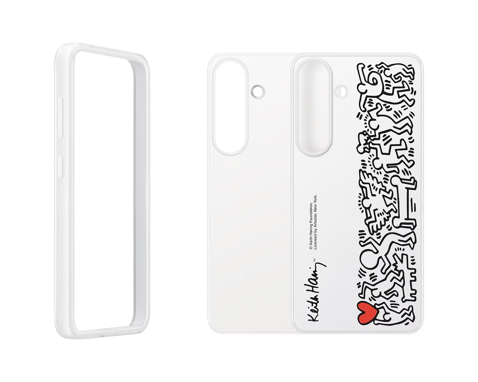 Baltas originalus dėklas EF-MS931CWE FlipSuit Samsung Galaxy S25 Baltas originalus dėklas EF-MS931CWE FlipSuit telefonui Samsung Galaxy S25 su juoda piešinių ir raudonos širdies akcentu