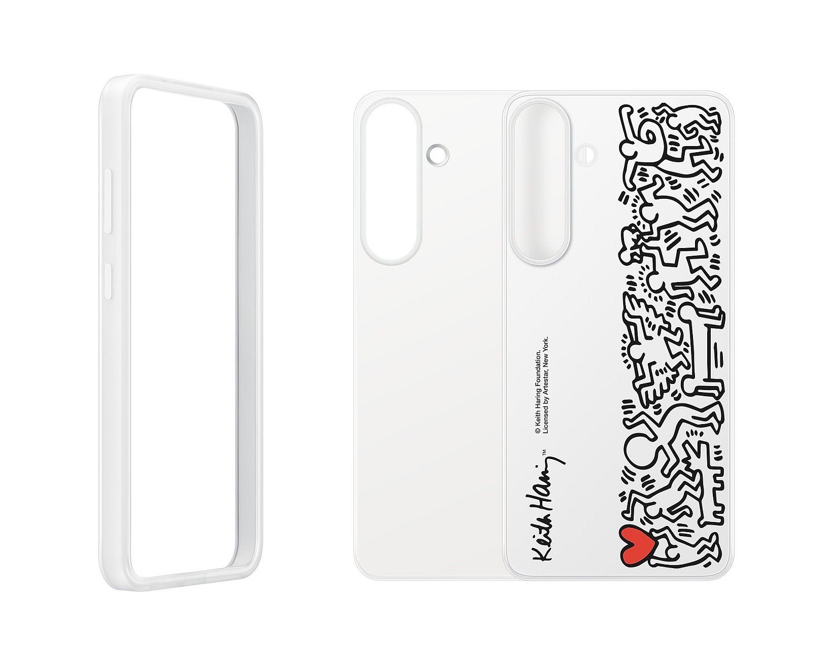 Baltas originalus dėklas EF-MS936CWE FlipSuit telefonui Samsung Galaxy S25 Plus Baltas originalus dėklas EF-MS936CWE FlipSuit telefonui Samsung Galaxy S25 Plus su juodu piešiniu ir raudona širdimi