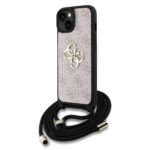 Rausvas originalus dėklas Guess PU 4G Metal Logo Crossbody Strap telefonui Apple iPhone 15 su juodu dirželiu