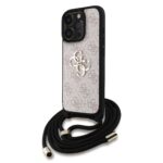 Rausvas originalus dėklas Guess PU 4G Metal Logo Crossbody Strap telefonui Apple iPhone 15 Pro Max su metaliniu logotipu ir juoda virvute