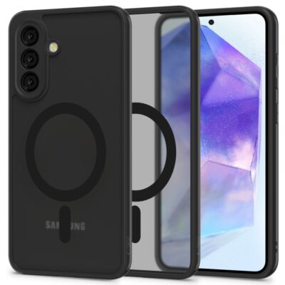 Juodas matinis dėklas Samsung Galaxy A56 5G Tech-Protect Magmat Magsafe su trijų kamerų anga ir magnetiniu žiedu