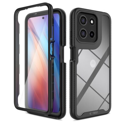 Juodas dėklas Motorola Moto G15 Tech-Protect Defense su permatomu galiniu dangčiu ir apsauginio stiklo priekyje