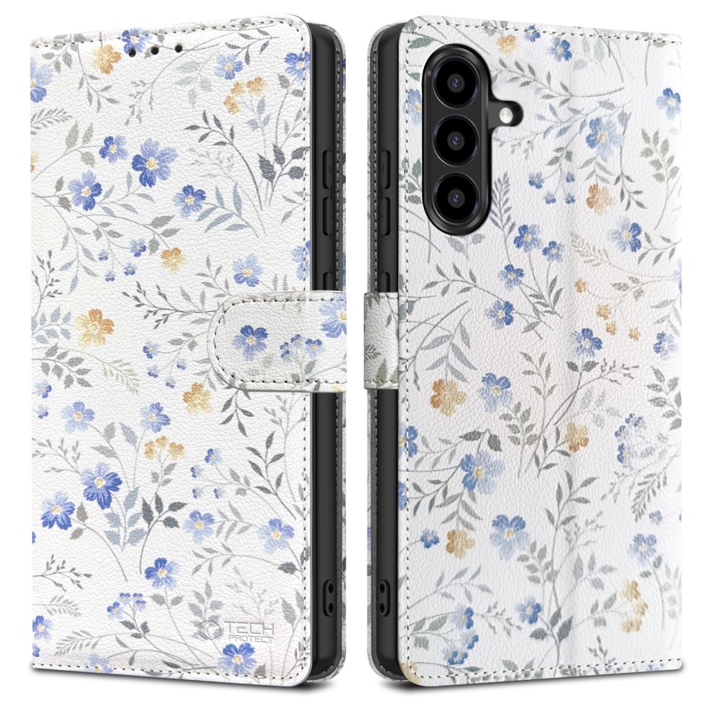 Gėlių atverčiamas dėklas Samsung Galaxy A56 5G Tech-Protect Wallet Gėlių atverčiamas dėklas Samsung Galaxy A56 5G Tech-Protect Wallet su mėlynais ir gelsvais žiedais ant baltos odos