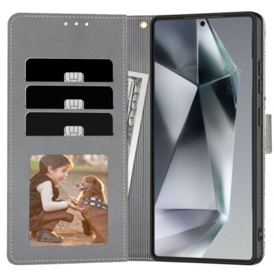 Atverčiamas dėklas Samsung Galaxy A56 5G Tech-Protect Wallet su kortelių ir nuotraukų kišenėmis pilkos spalvos