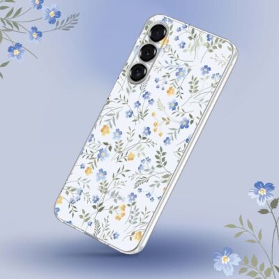 Skaidrus gėlių dėklas Samsung Galaxy A36 5G Tech-Protect FlexAir su mėlynais ir geltonais gėlių raštais