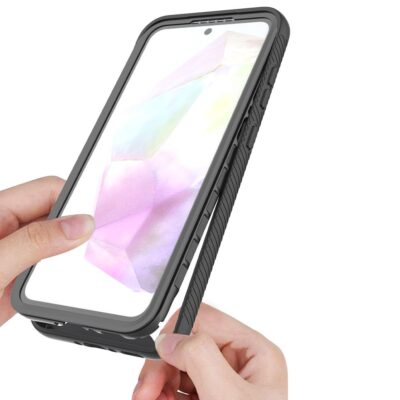 Juodas Tech-Protect Defense dėklas Samsung Galaxy A36 5G ir A56 5G telefonams su tvirtu kraštu ir tekstūruotomis šoninėmis dalimis