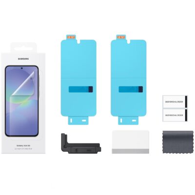 Originali apsauginė ekrano plėvelė Samsung Galaxy A36 5G matoma su priedais langeliuose