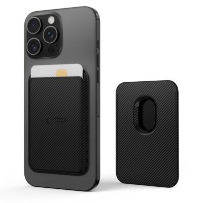 Carbon magnetinis dėklas kortelėms TECH-PROTECT MAGWALLET MAGSAFE UNIVERSAL MAGNETIC pritvirtintas prie telefono nugarėlės