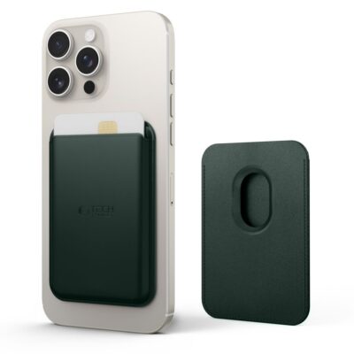 Khaki magnetinis dėklas kortelėms TECH-PROTECT MAGWALLET MAGSAFE UNIVERSAL MAGNETIC tvirtai pritvirtintas prie išmaniojo telefono