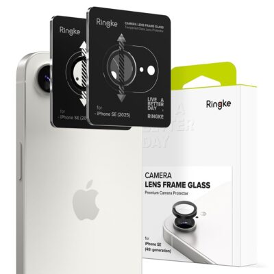 Juodas apsauginis kameros stikliukas Apple Iphone 16E Ringke Camera Frame Protector 2-Pack pakuotėje su telefonu