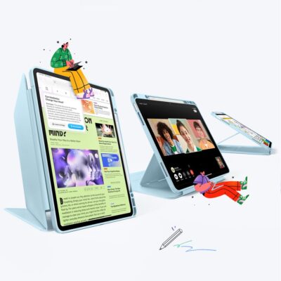 Šviesiai mėlynas dėklas Apple Ipad Air 13 colių su laikikliu ir užlenkiama stovėjimo funkcija