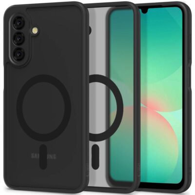 Juodas matinis dėklas Samsung Galaxy A26 5G Tech-Protect Magmat Magsafe su triguba kamera ir priekinio ekrano apsauga