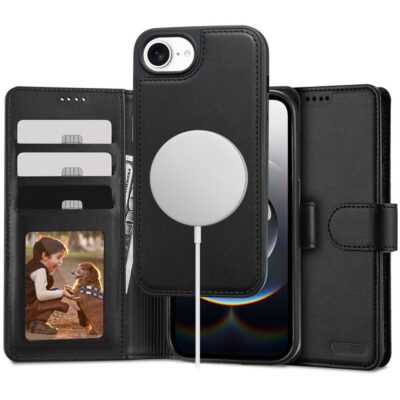 Juodas atverčiamas dėklas Apple Iphone 16E Tech-Protect Wallet Magsafe su kortelių lizdais ir magnetiniu krovikliu
